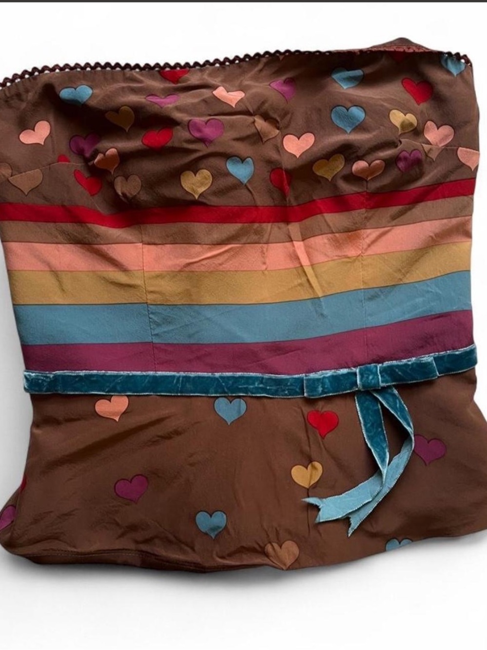 Rare 2000s Vintage Silk Brown Rainbow Heart Print Ribbon Bow Corset Top